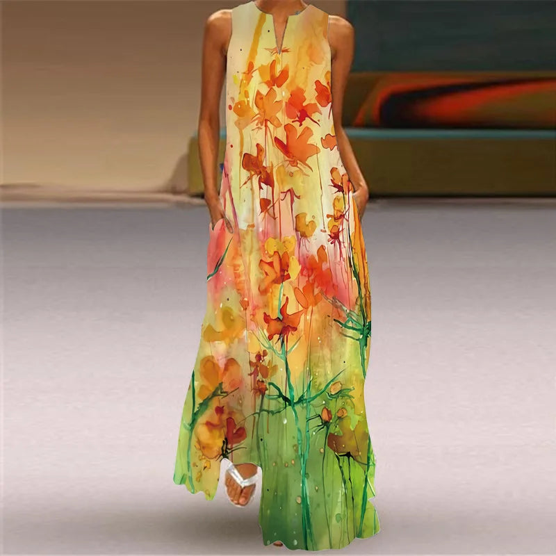 Sexy V-neck Sleeveless Dress For Women Summer Fashion Sundress Retro Print Long Dresses With Pocket Maxi Dress Femme Vestidos
