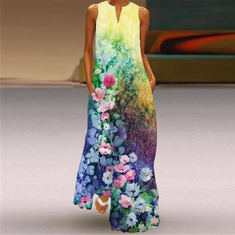 Sexy V-neck Sleeveless Dress For Women Summer Fashion Sundress Retro Print Long Dresses With Pocket Maxi Dress Femme Vestidos