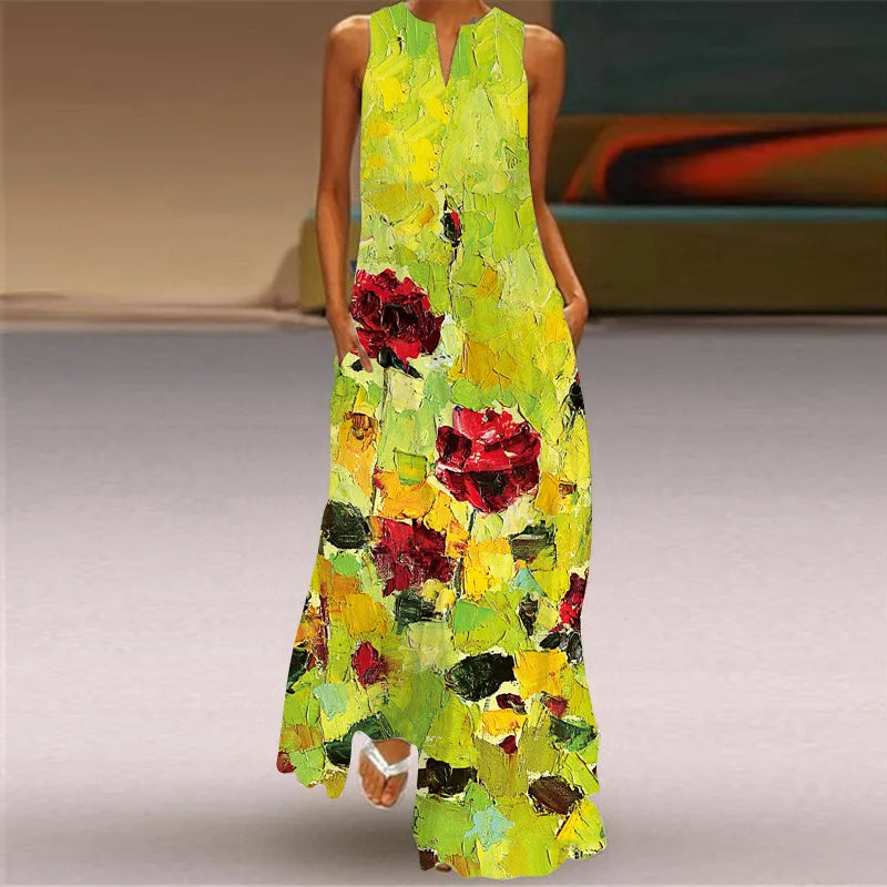 Sexy V-neck Sleeveless Dress For Women Summer Fashion Sundress Retro Print Long Dresses With Pocket Maxi Dress Femme Vestidos