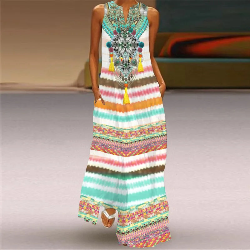 Sexy V-neck Sleeveless Dress For Women Summer Fashion Sundress Retro Print Long Dresses With Pocket Maxi Dress Femme Vestidos