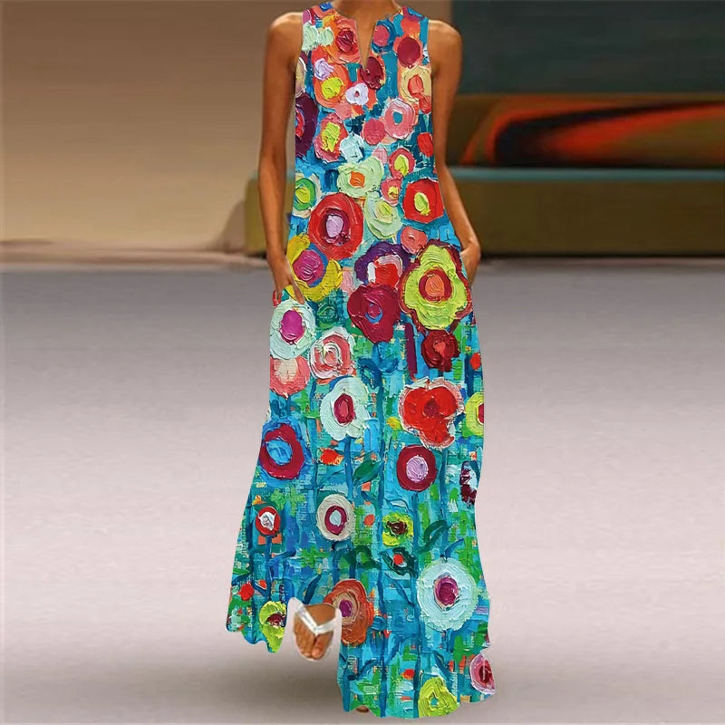 Sexy V-neck Sleeveless Dress For Women Summer Fashion Sundress Retro Print Long Dresses With Pocket Maxi Dress Femme Vestidos