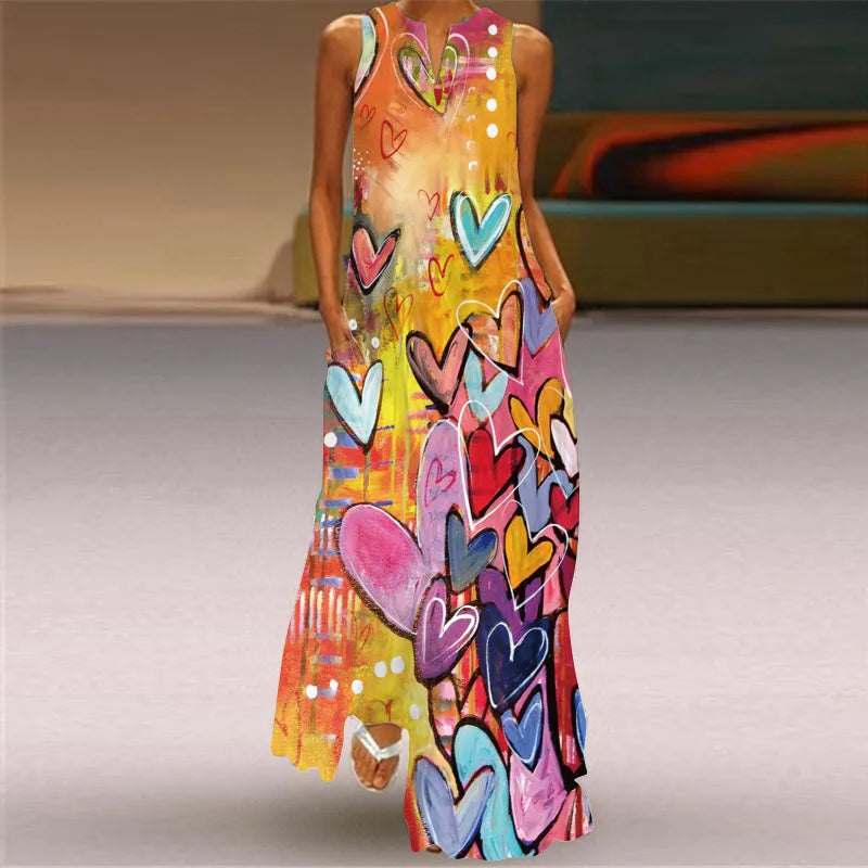 Sexy V-neck Sleeveless Dress For Women Summer Fashion Sundress Retro Print Long Dresses With Pocket Maxi Dress Femme Vestidos