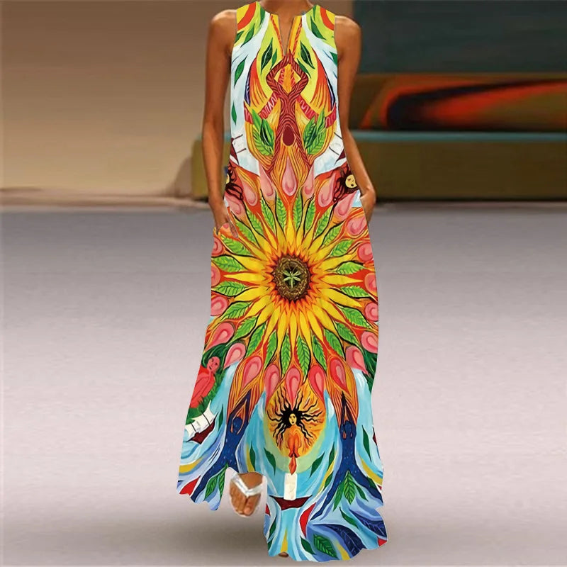 Sexy V-neck Sleeveless Dress For Women Summer Fashion Sundress Retro Print Long Dresses With Pocket Maxi Dress Femme Vestidos