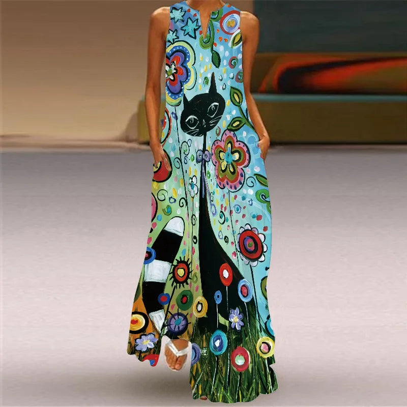 Sexy V-neck Sleeveless Dress For Women Summer Fashion Sundress Retro Print Long Dresses With Pocket Maxi Dress Femme Vestidos