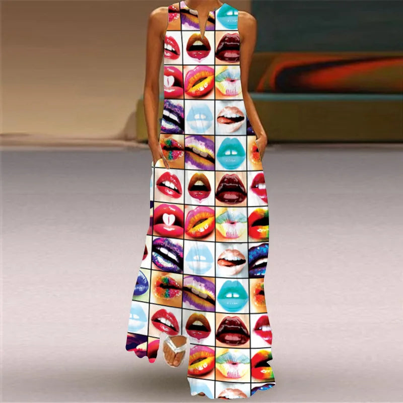Sexy V-neck Sleeveless Dress For Women Summer Fashion Sundress Retro Print Long Dresses With Pocket Maxi Dress Femme Vestidos
