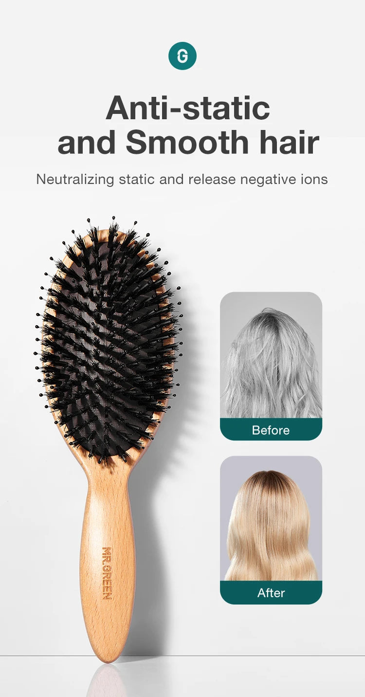 MR.GREEN Boar Bristle Hair Brush Natural Beech Comb Hairbrush for Curly Thick Long Dry Wet Hair Detangler Massage Brushes Women