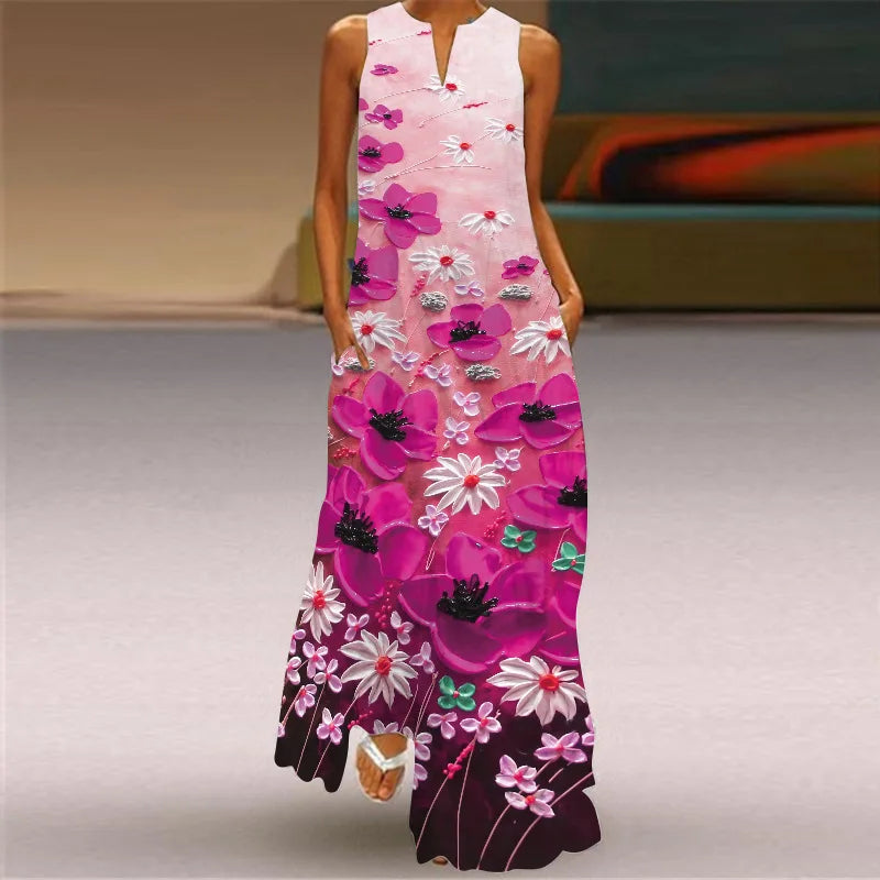 Sexy V-neck Sleeveless Dress For Women Summer Fashion Sundress Retro Print Long Dresses With Pocket Maxi Dress Femme Vestidos
