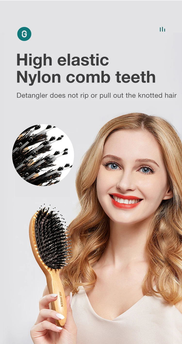 MR.GREEN Boar Bristle Hair Brush Natural Beech Comb Hairbrush for Curly Thick Long Dry Wet Hair Detangler Massage Brushes Women