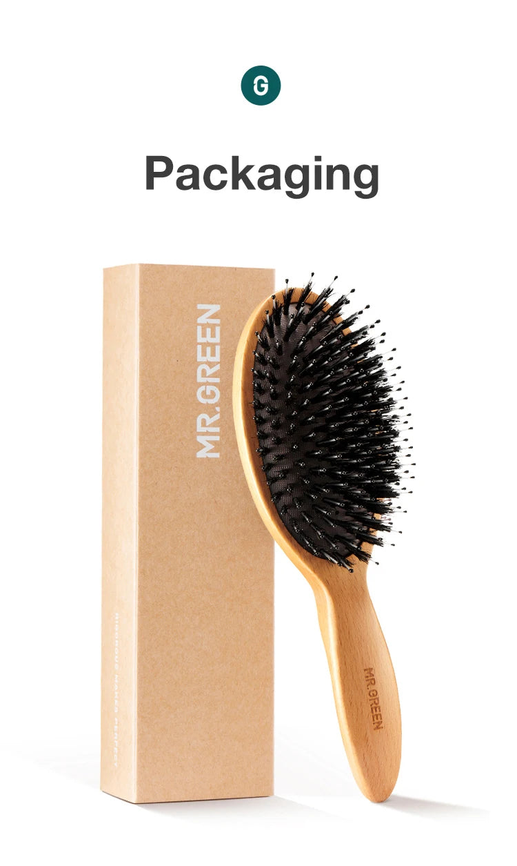 MR.GREEN Boar Bristle Hair Brush Natural Beech Comb Hairbrush for Curly Thick Long Dry Wet Hair Detangler Massage Brushes Women
