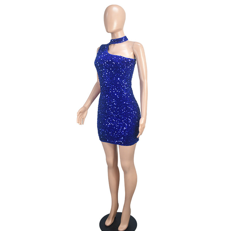 9568 European and American Amazon AliExpress fashion sheath sequins solid color halter new party sexy dress