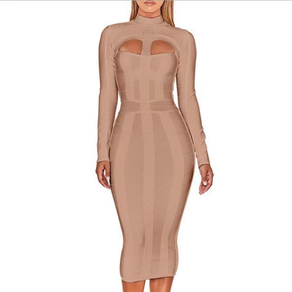 European and American Cross Border Sexy bandage dress bandage dress Cutout Tight Long Sleeve Party Party dress