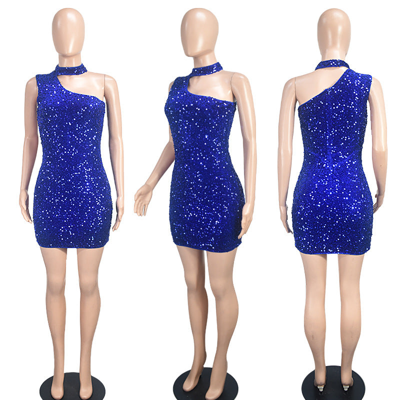 9568 European and American Amazon AliExpress fashion sheath sequins solid color halter new party sexy dress