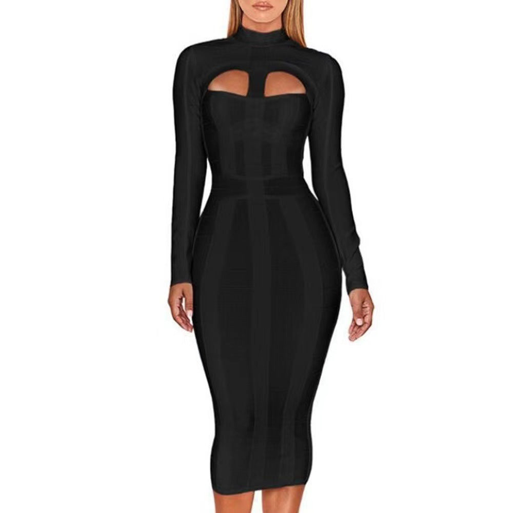 European and American Cross Border Sexy bandage dress bandage dress Cutout Tight Long Sleeve Party Party dress