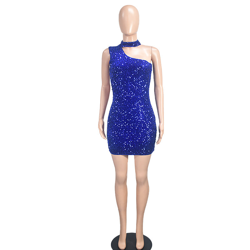 9568 European and American Amazon AliExpress fashion sheath sequins solid color halter new party sexy dress
