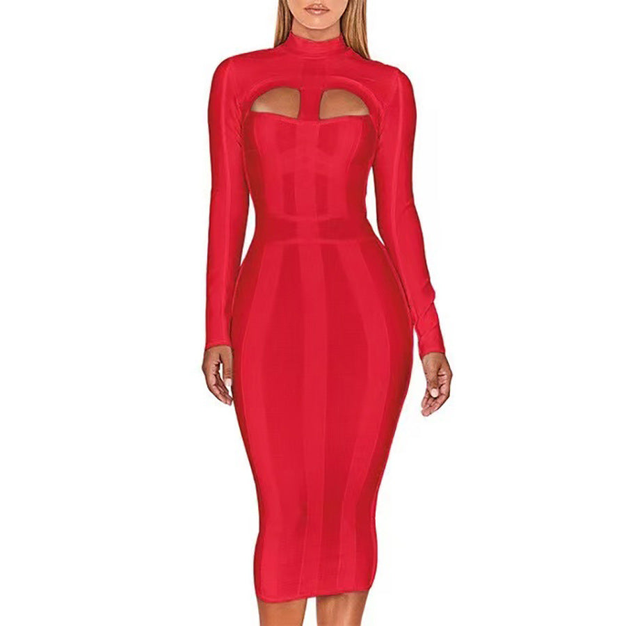 European and American Cross Border Sexy bandage dress bandage dress Cutout Tight Long Sleeve Party Party dress