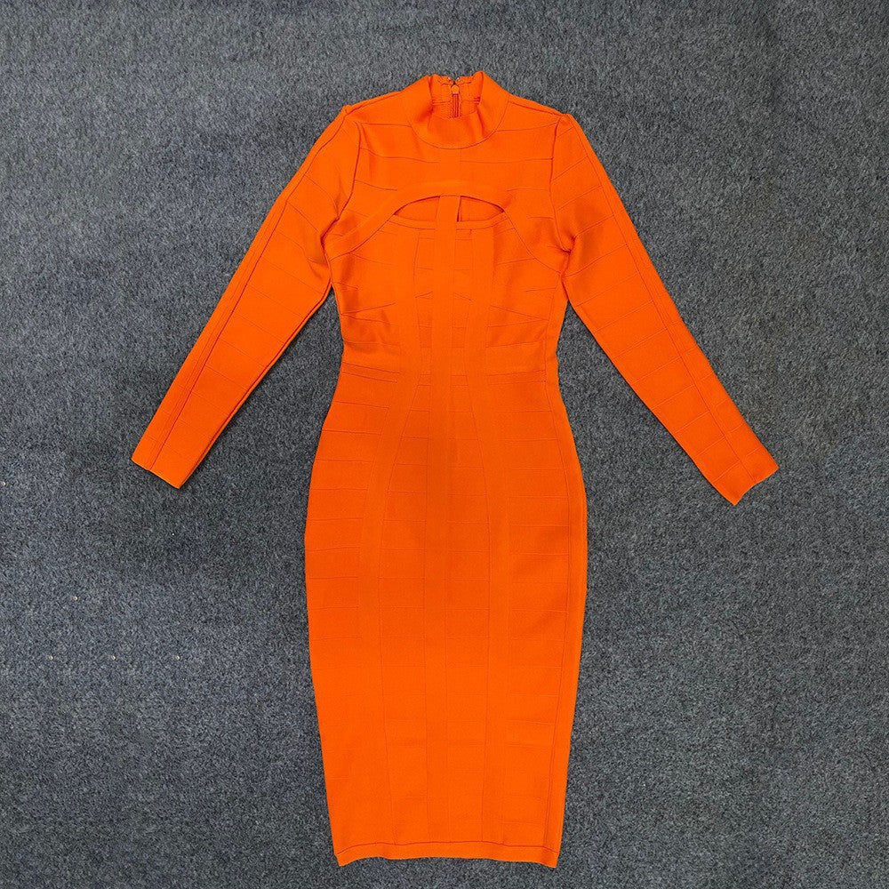European and American Cross Border Sexy bandage dress bandage dress Cutout Tight Long Sleeve Party Party dress