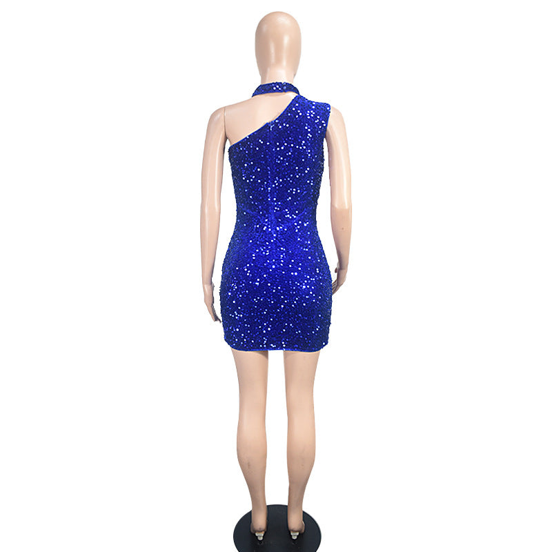 9568 European and American Amazon AliExpress fashion sheath sequins solid color halter new party sexy dress
