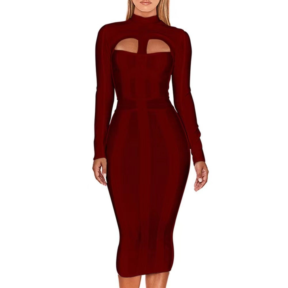 European and American Cross Border Sexy bandage dress bandage dress Cutout Tight Long Sleeve Party Party dress