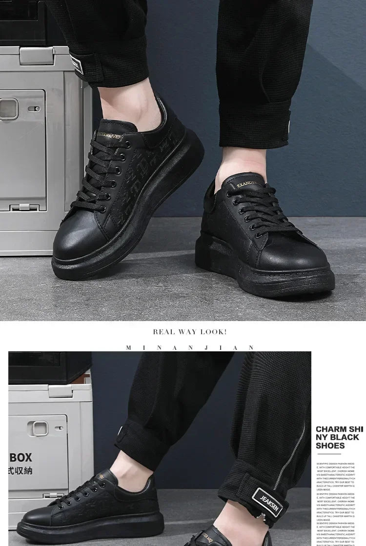 2025 New Men's Shoes Spring and Autumn Flat-soled Casual Leather Shoes Sports Shoes Black and White Men's Thick-soled Breathable