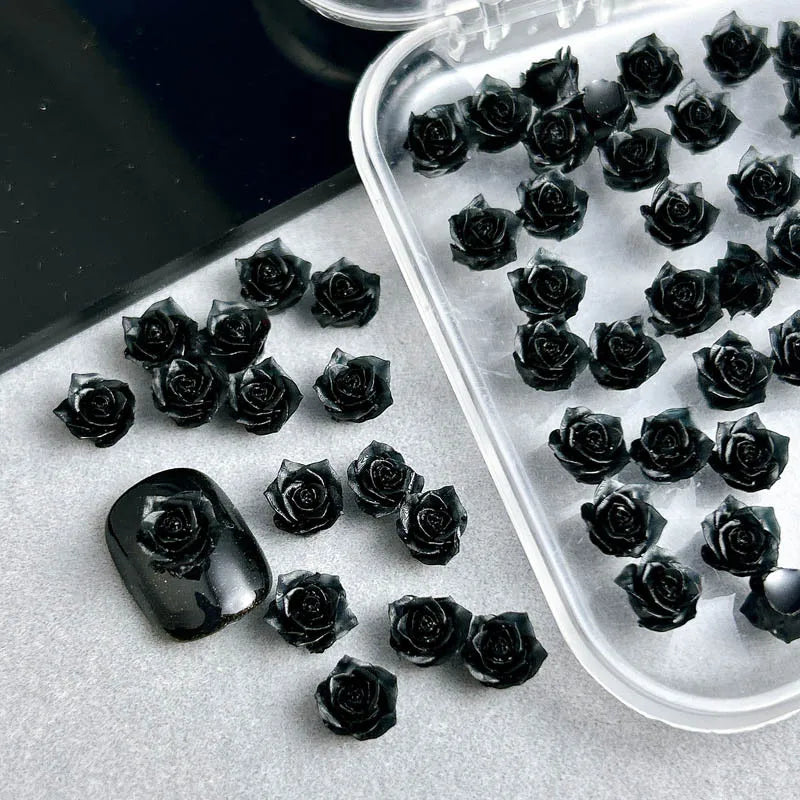 30PCS Resin Minimalist Black Rose Nail Art Charms 3D Cool RoseFlowers Nail Decoration Accessories for DIY Manicure Crafts