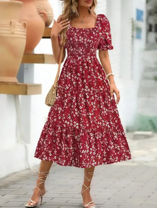 2025 New Women's Printed Dress Square Collar Bubble Sleeve Empire Waist Midi Dress Short Sleeve Cross-Border Independent Station