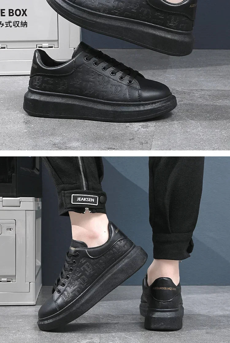 2025 New Men's Shoes Spring and Autumn Flat-soled Casual Leather Shoes Sports Shoes Black and White Men's Thick-soled Breathable