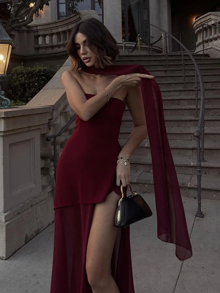 Elegant Women's Strapless Ribbon Long Dress Mesh Maxi Dresses Summer Evening Party Wedding Guest White Yellow Burgundy Brown New