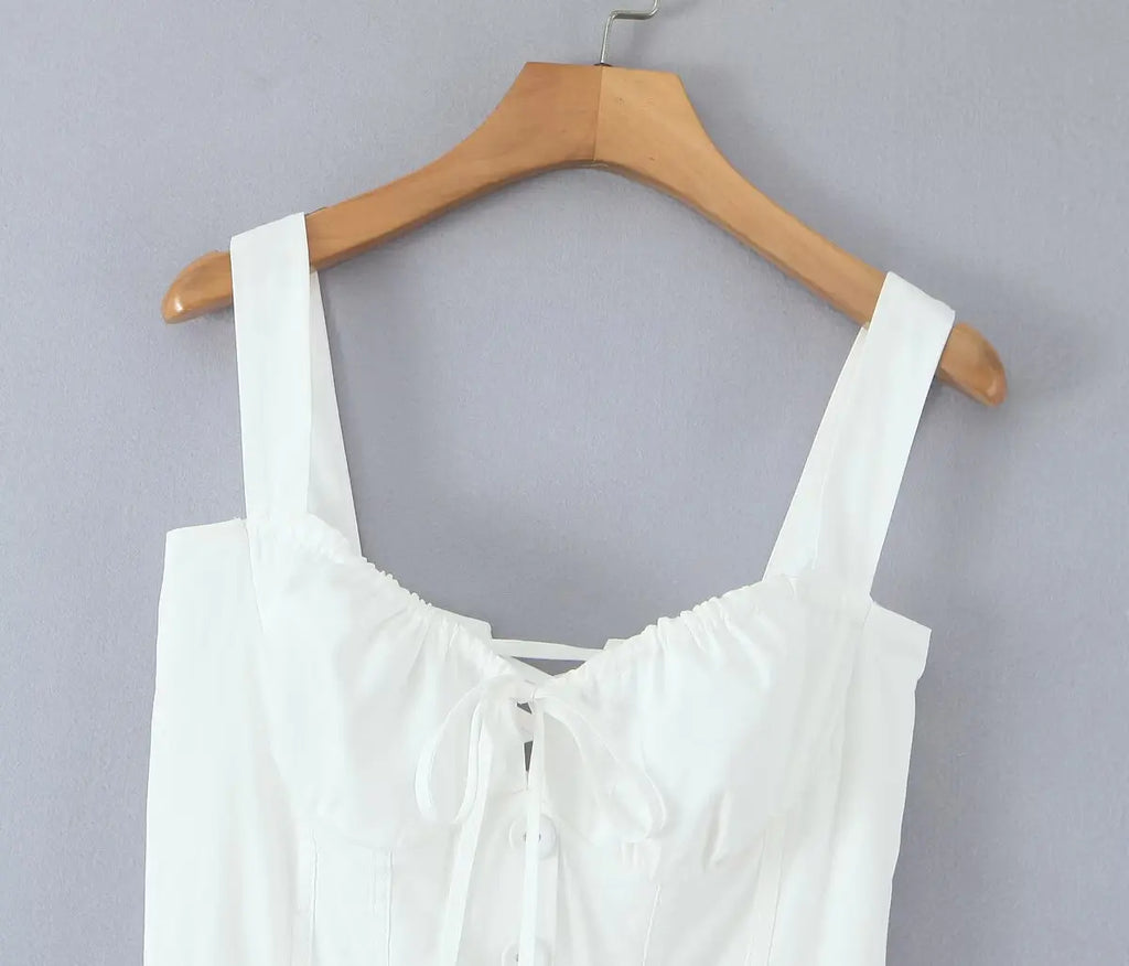 YENKYE Sexy Lace Up Bandage Back Elegant White Sling Dress Women Front Button A-line Cotton Corset Style Summer Dress Midi Robe