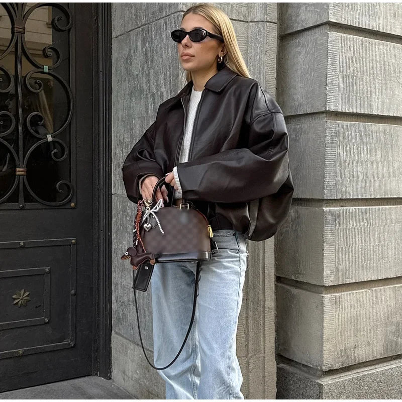 Chaqueta Bomber de Cuero PU Estilo Vintage