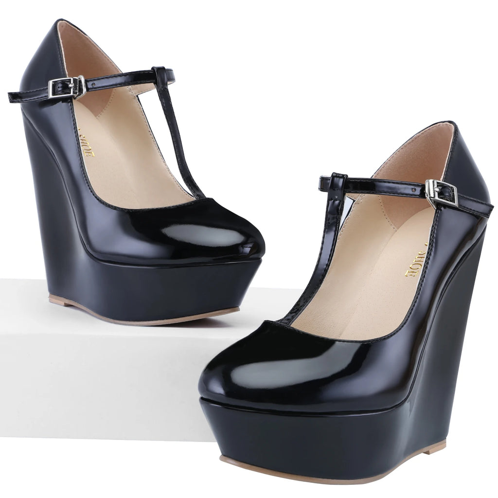 Women Platform Wedge Pumps Autumn Winter 14cm Super Round Toes High Heels T-Strap Gladiator Ladies Dress Party Wedding Shoes