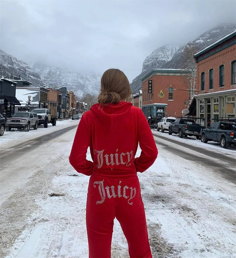 Ladies Casual Sportswear Set Pure Color Letter Rhinestone Long Sleeve Hoodie Loose Pants Two Piece Set Street Style Polyester