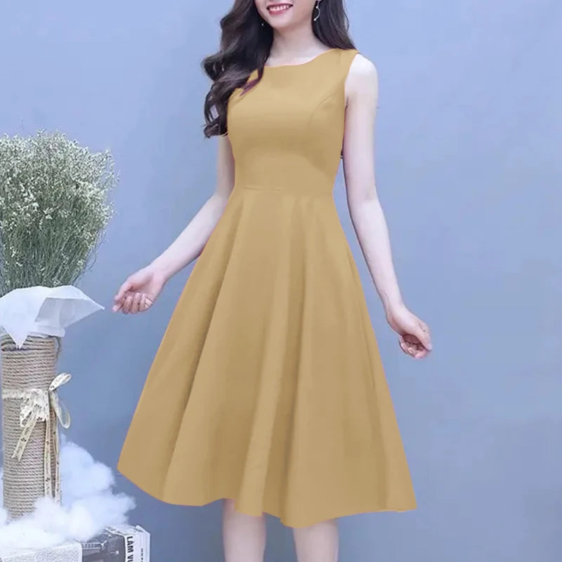 ZANZEA Vintage A-line Party Robe Women Sleeveless Basic Dress 2024 Summer Solid Tank Vestidos Elegant Collect Waist Midi Dresses