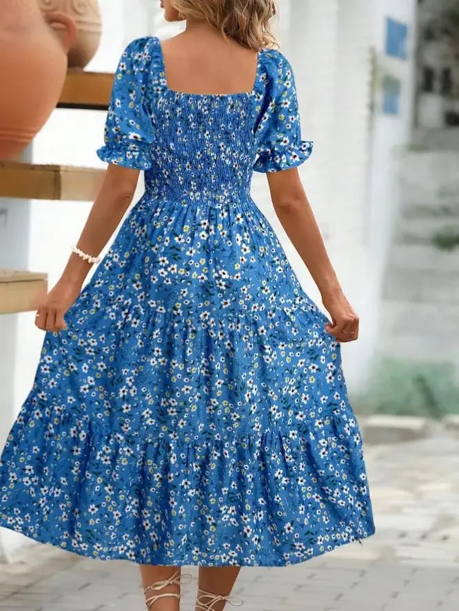 2025 New Women's Printed Dress Square Collar Bubble Sleeve Empire Waist Midi Dress Short Sleeve Cross-Border Independent Station