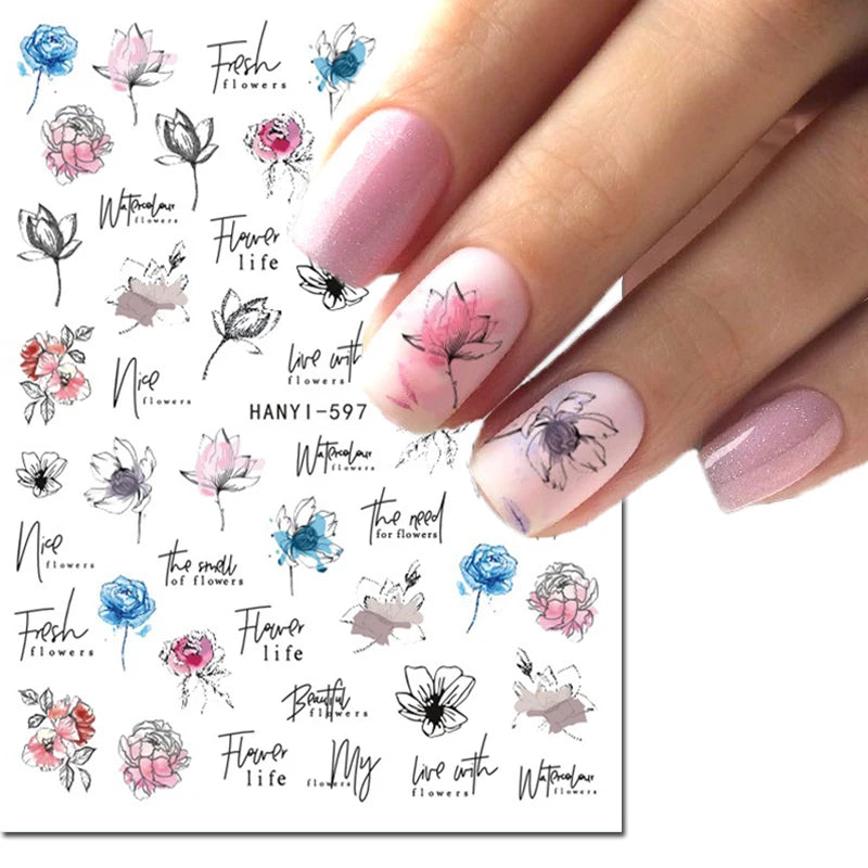 3d Nail Art Decals Geometric Lines Coconut Tree Palms Leaves Flowers Adhesive Sliders Nail Stickers Decorated Manicure