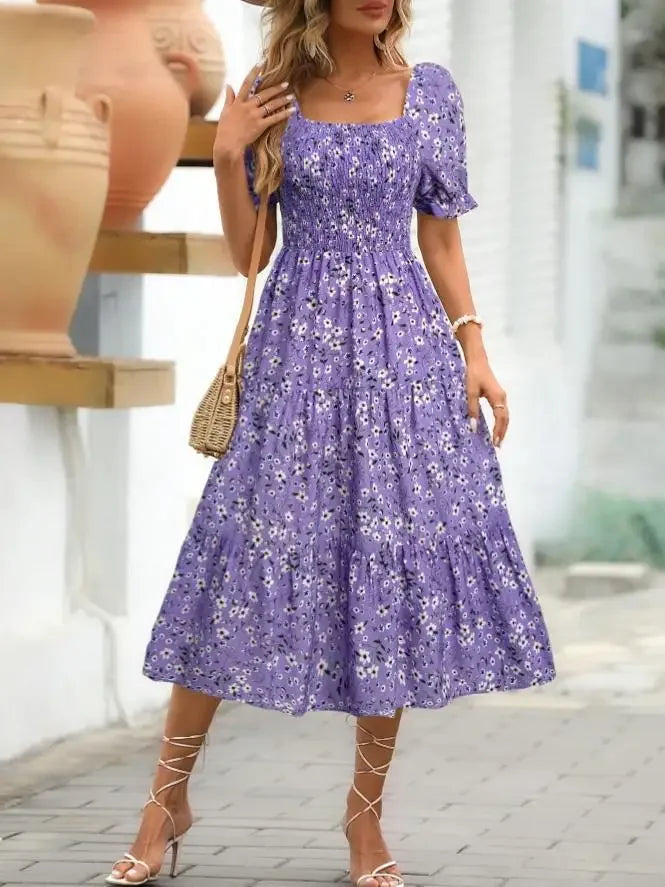 2025 New Women's Printed Dress Square Collar Bubble Sleeve Empire Waist Midi Dress Short Sleeve Cross-Border Independent Station