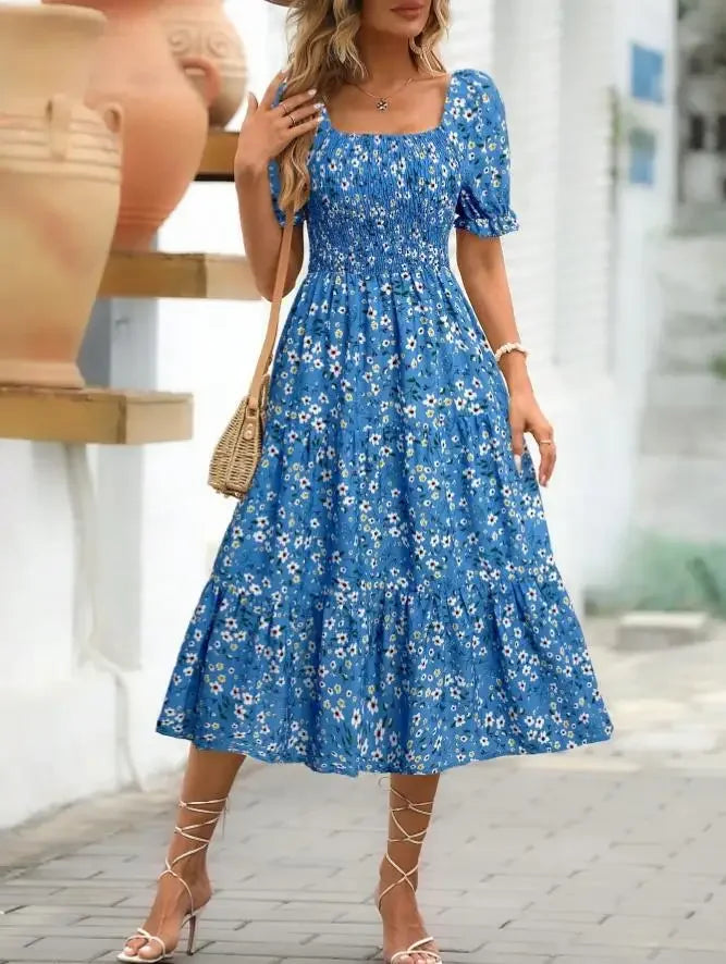 2025 New Women's Printed Dress Square Collar Bubble Sleeve Empire Waist Midi Dress Short Sleeve Cross-Border Independent Station