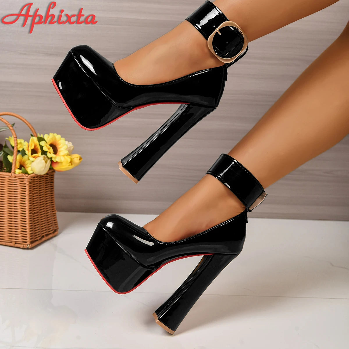 Aphixta 5.5cm Platform 4cm Wide Belt Buckle Metal Strap Pimp Pumps Women Hot Sale Party Dance 16cm High Chunky Heels Big 49 50