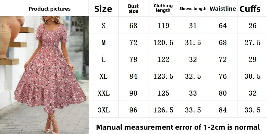 2025 New Women's Printed Dress Square Collar Bubble Sleeve Empire Waist Midi Dress Short Sleeve Cross-Border Independent Station