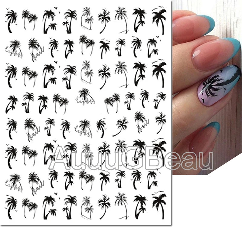 3d Nail Art Decals Geometric Lines Coconut Tree Palms Leaves Flowers Adhesive Sliders Nail Stickers Decorated Manicure