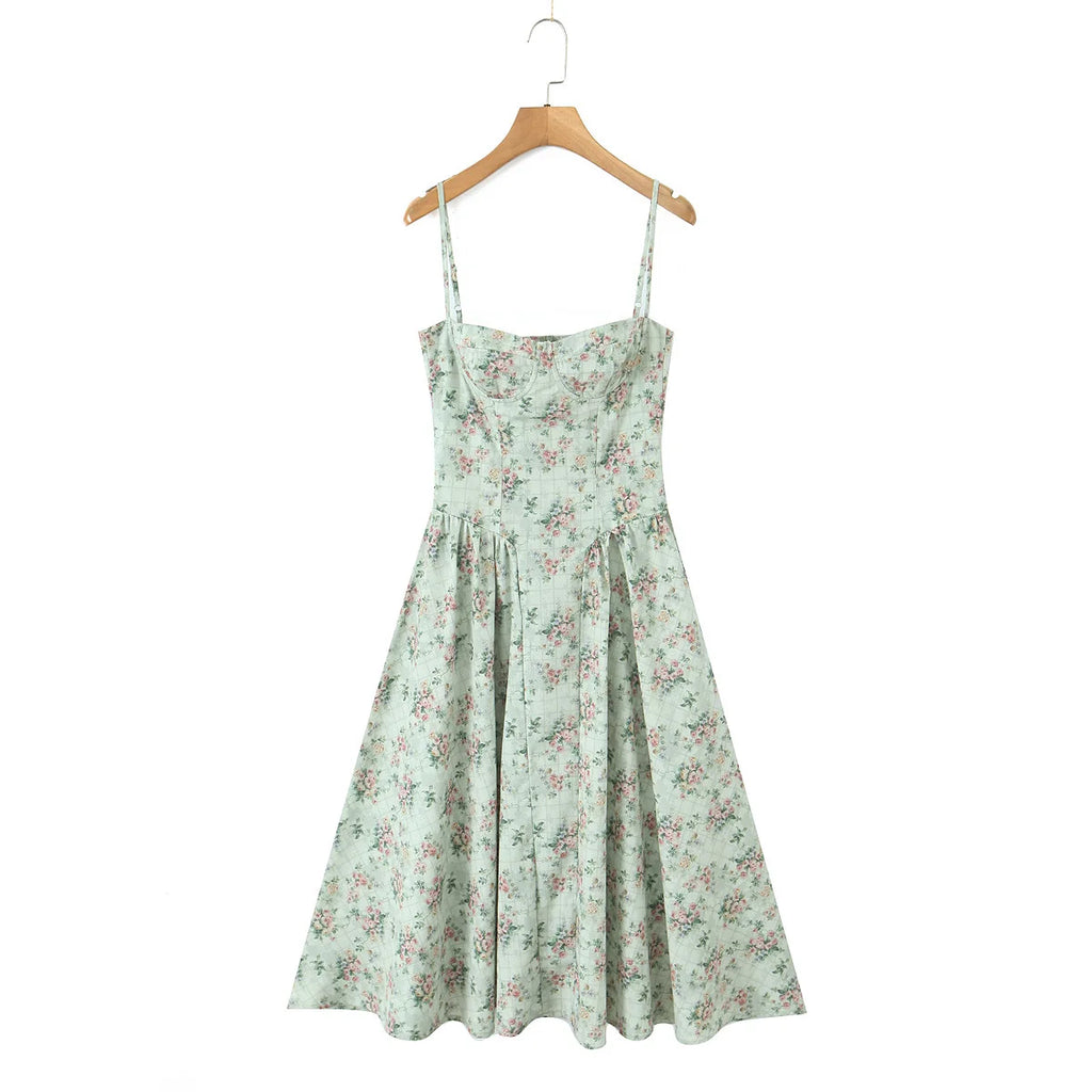 YENKYE Green Floral Print Sexy Spaghetti Straps Dress Women Low Waist A-line Midi Holiday Summer Dresses Party Robe 2025 Vestido