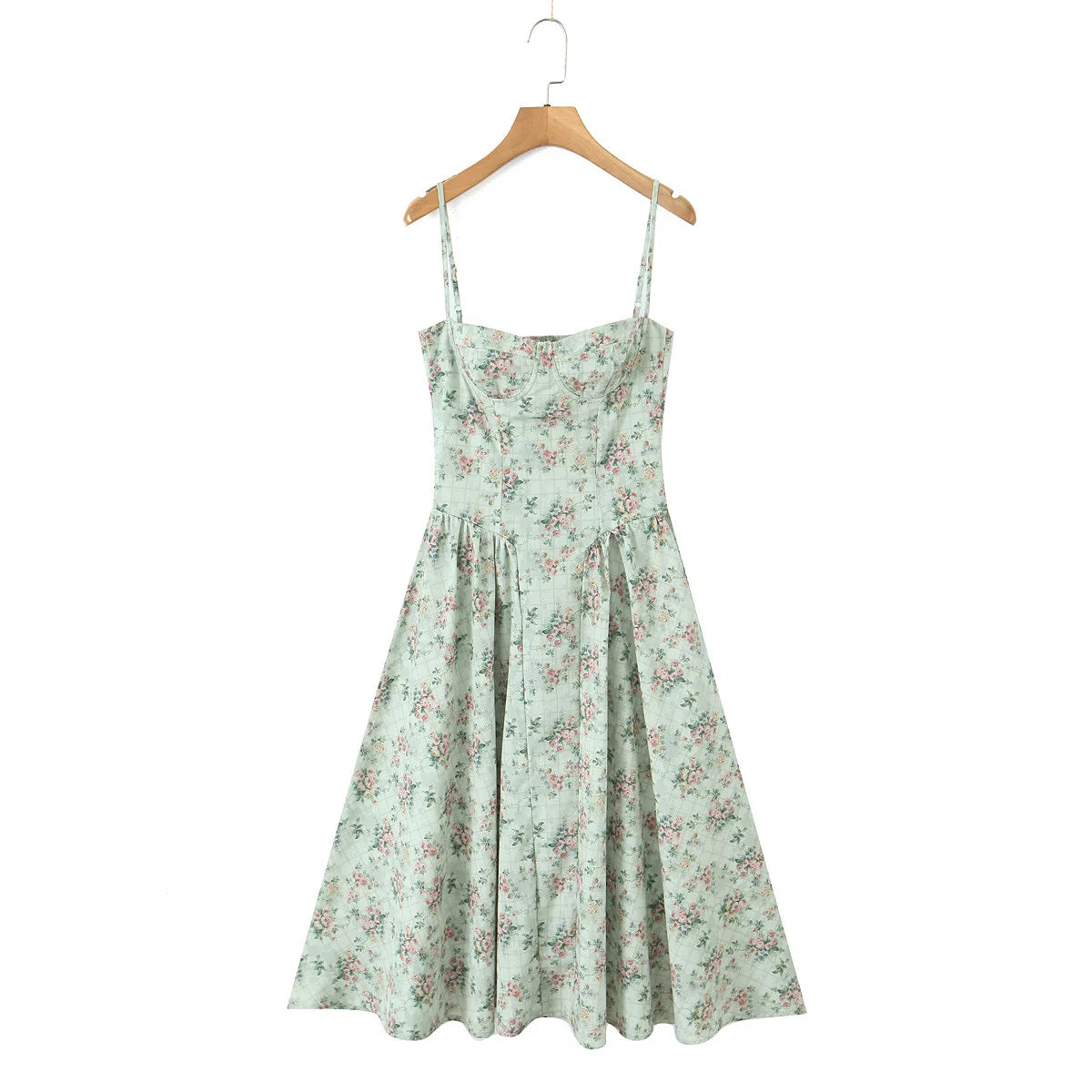 YENKYE Green Floral Print Sexy Spaghetti Straps Dress Women Low Waist A-line Midi Holiday Summer Dresses Party Robe 2025 Vestido