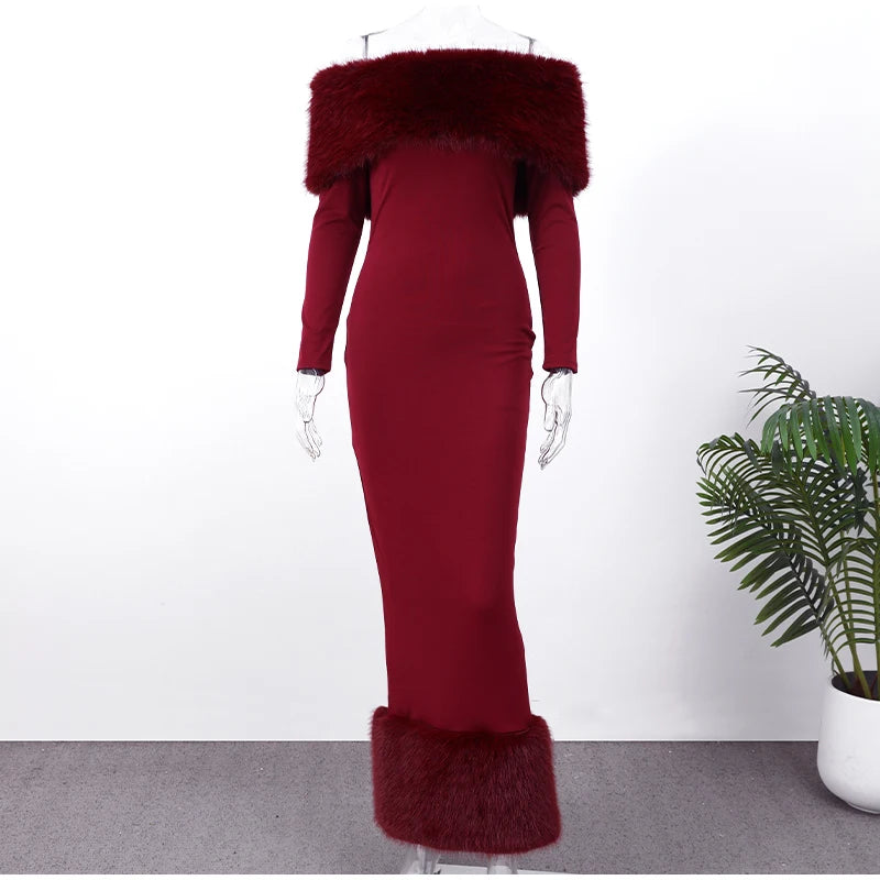 Faux Fur Patchwork Strapless Dress Women Sexy Off-shoulder Full Sleeve Cinched-waist Slim Gowns Lady Chic Evening Party Dresses