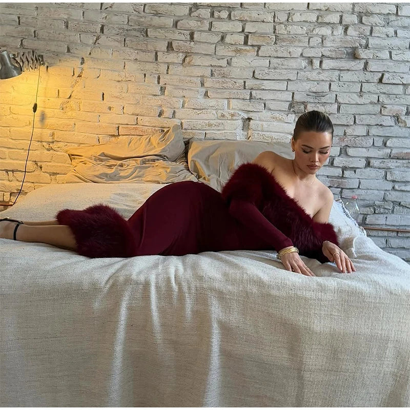 Faux Fur Patchwork Strapless Dress Women Sexy Off-shoulder Full Sleeve Cinched-waist Slim Gowns Lady Chic Evening Party Dresses