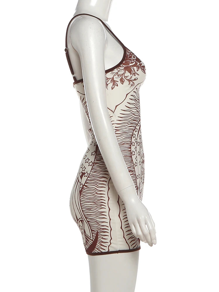 Nibber High Elasticity Dress Women Art Print Low-Neck See Through Skinny Sexy Midnight Summer New Trend Chic Hottie Mini Bodycon