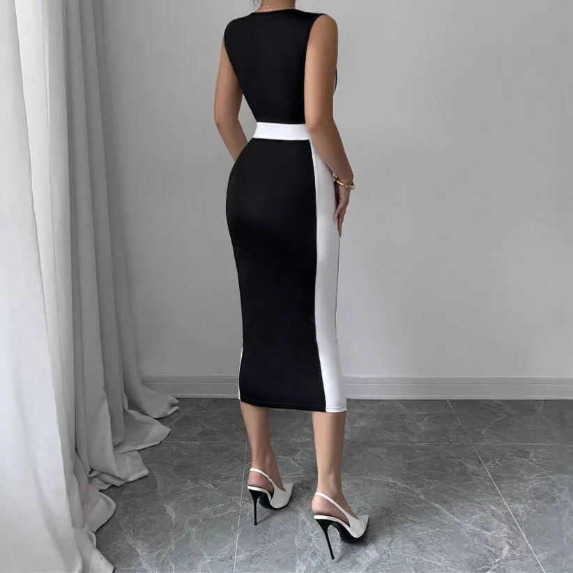 Women's Black & White Square Neck Sleeveless Slim-Fit Midi Dress with Waist Trim Casual Formal Wear