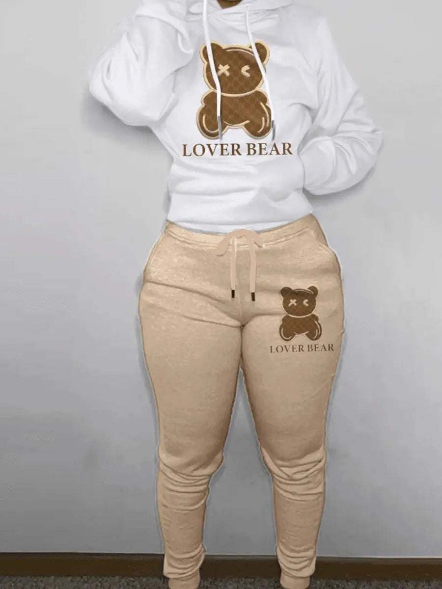 Autumn and winter women's loose and fashionable plus size cartoon bear print hooded sweater+woolen pants set