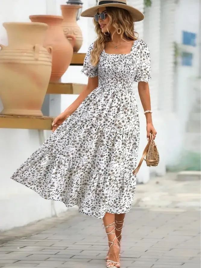 2025 New Women's Printed Dress Square Collar Bubble Sleeve Empire Waist Midi Dress Short Sleeve Cross-Border Independent Station