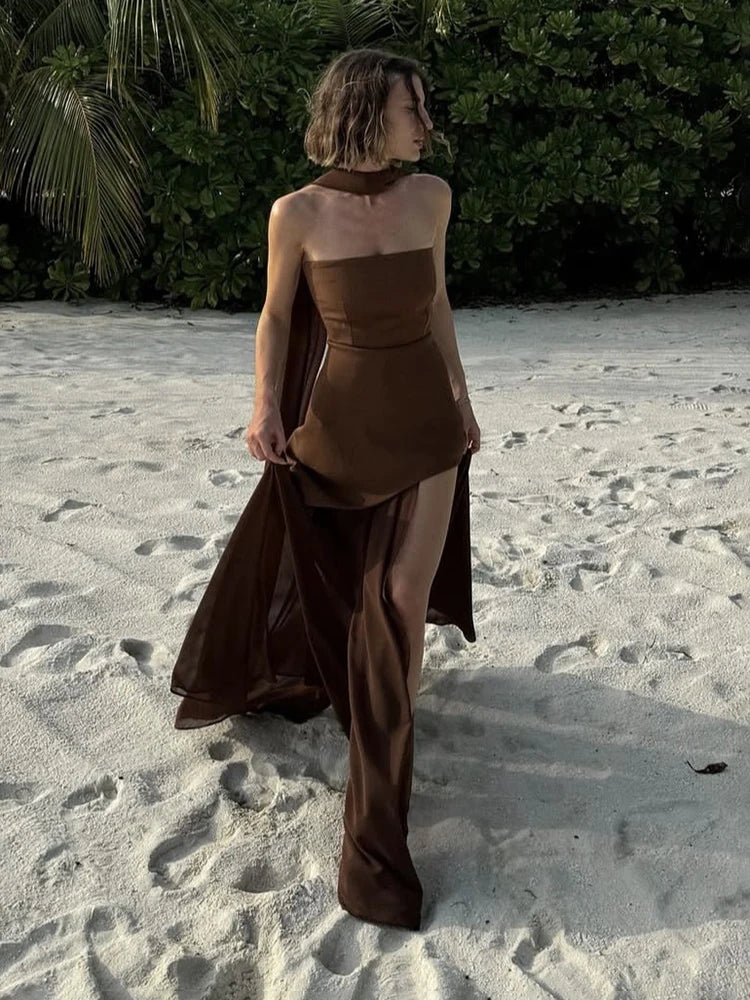Elegant Women's Strapless Ribbon Long Dress Mesh Maxi Dresses Summer Evening Party Wedding Guest White Yellow Burgundy Brown New