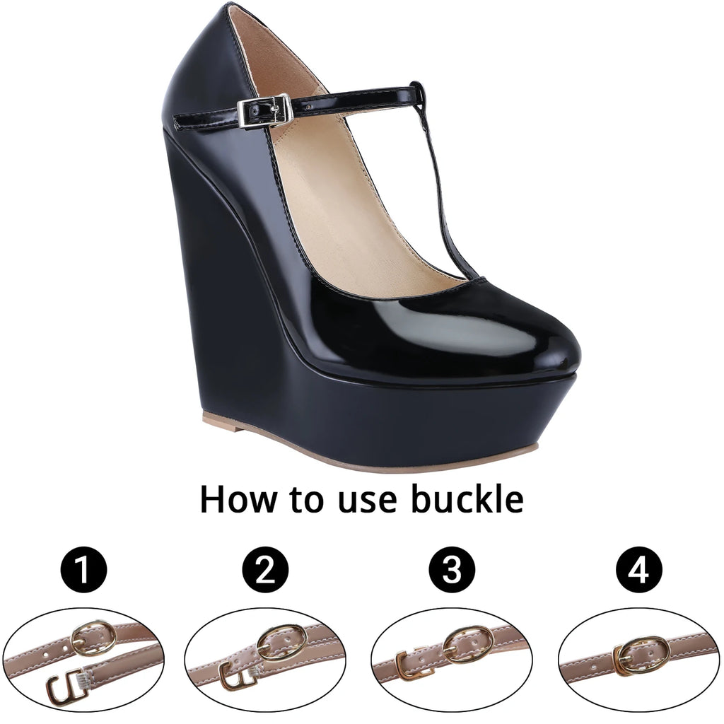 Women Platform Wedge Pumps Autumn Winter 14cm Super Round Toes High Heels T-Strap Gladiator Ladies Dress Party Wedding Shoes