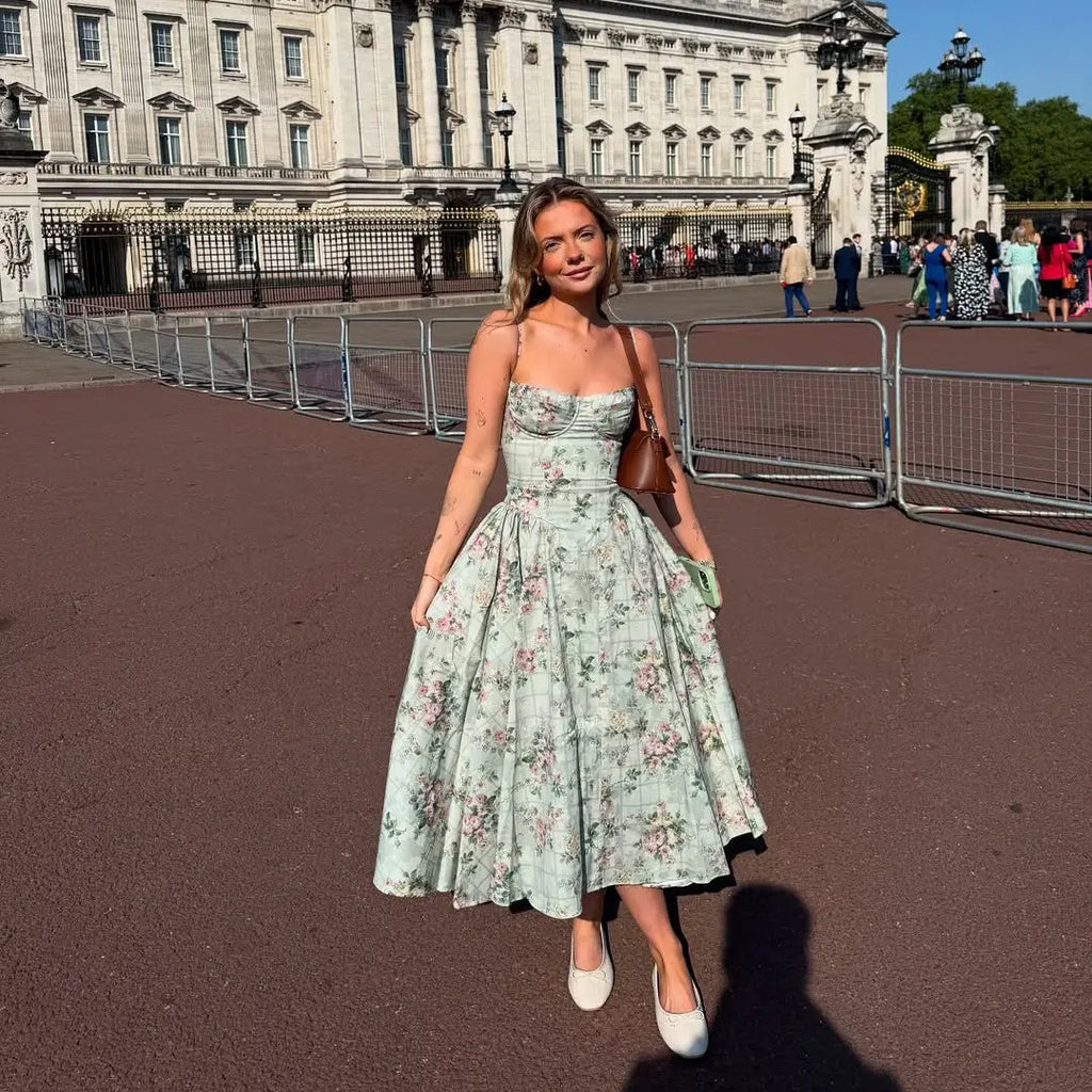 YENKYE Green Floral Print Sexy Spaghetti Straps Dress Women Low Waist A-line Midi Holiday Summer Dresses Party Robe 2025 Vestido